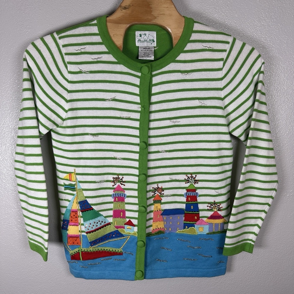 The Quacker Factory Cardigan Medium Green Stripe Nautical Embroidered Boat Light